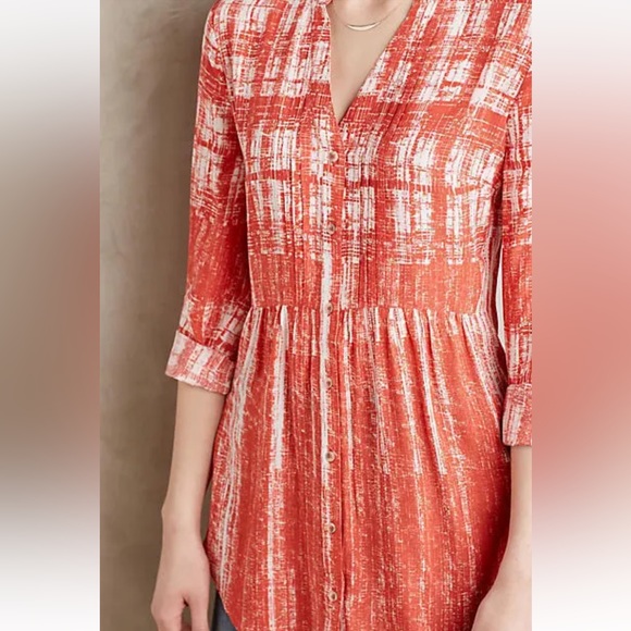 Anthro Red-Orange Abstract Print Pin-tuck Babydoll Peasant Blouse Top - Picture 3 of 11
